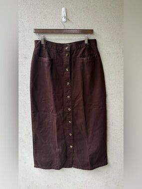 Bridgewater Basics Chocolate Brown 100% Cotton Button Front Midi Skirt 12
